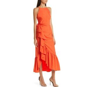 CINQ À SEPT 'Neena' Ruched Ruffle-Trim Midi-Dress, Cherry Tomato